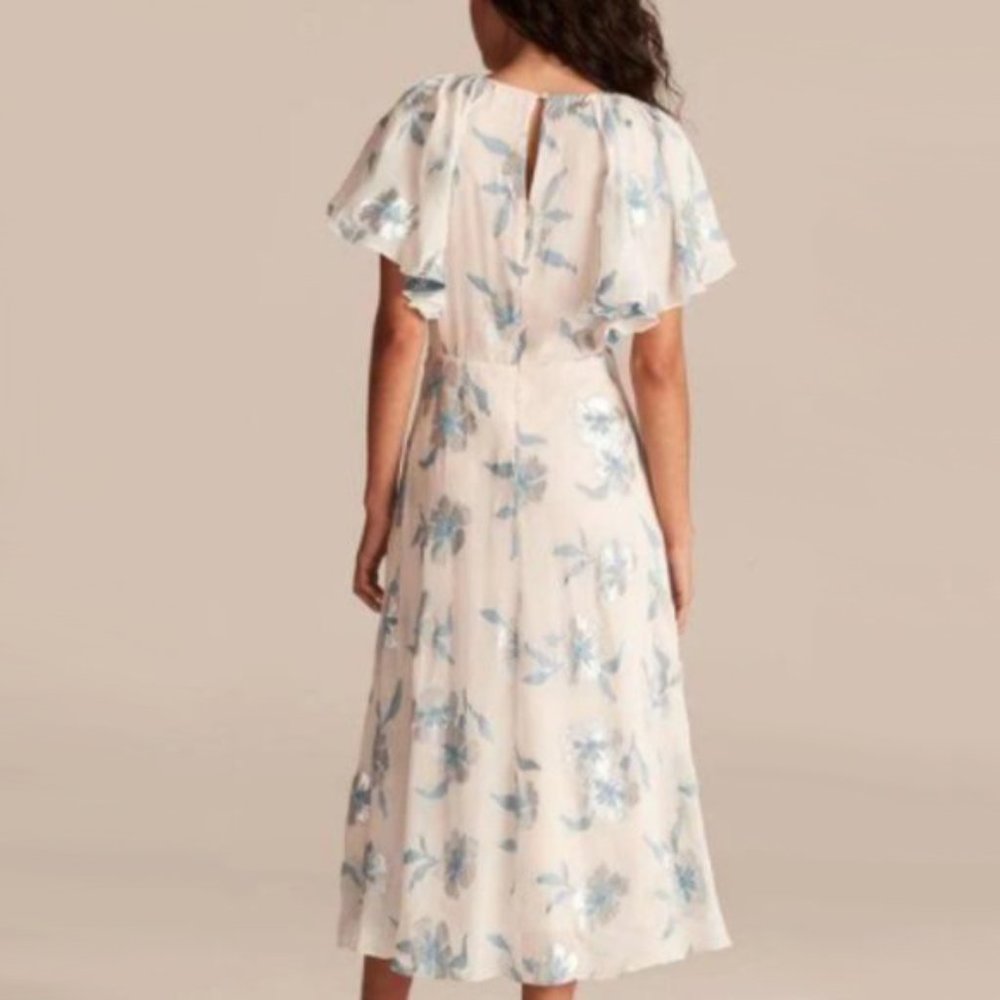 NEW Rebecca Taylor Women Met Fleur Silk Silver Floral Ruffle Flutter Midi Dress - Picture 3 of 7